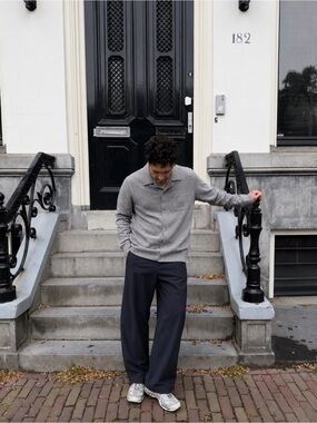 Gray cashmere button up collar long sleeve polo